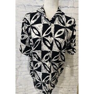 VTG Traffic Jam Black White Rayon Button Up Collared Top USA Women's Size Medium